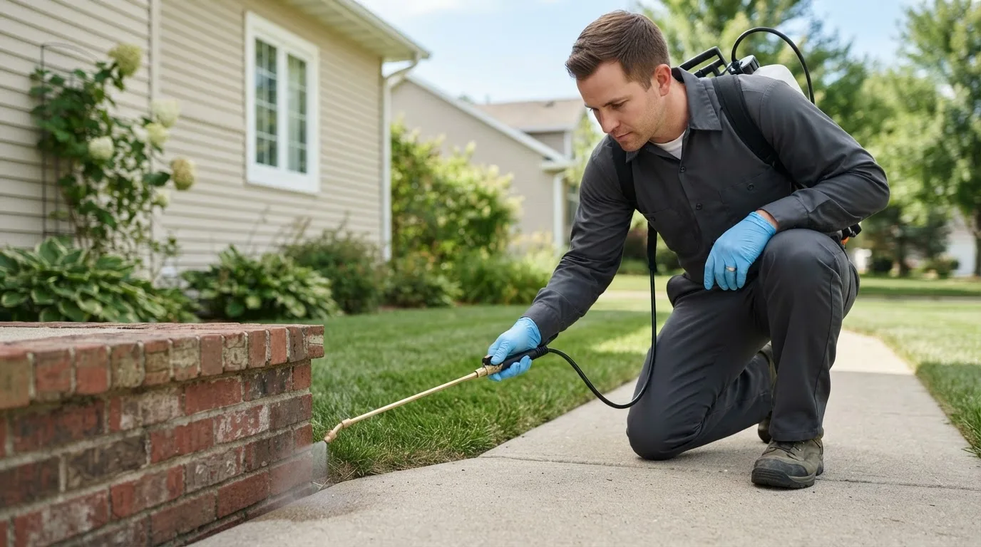 Pest control technician treating a home near Prudence Island, RI