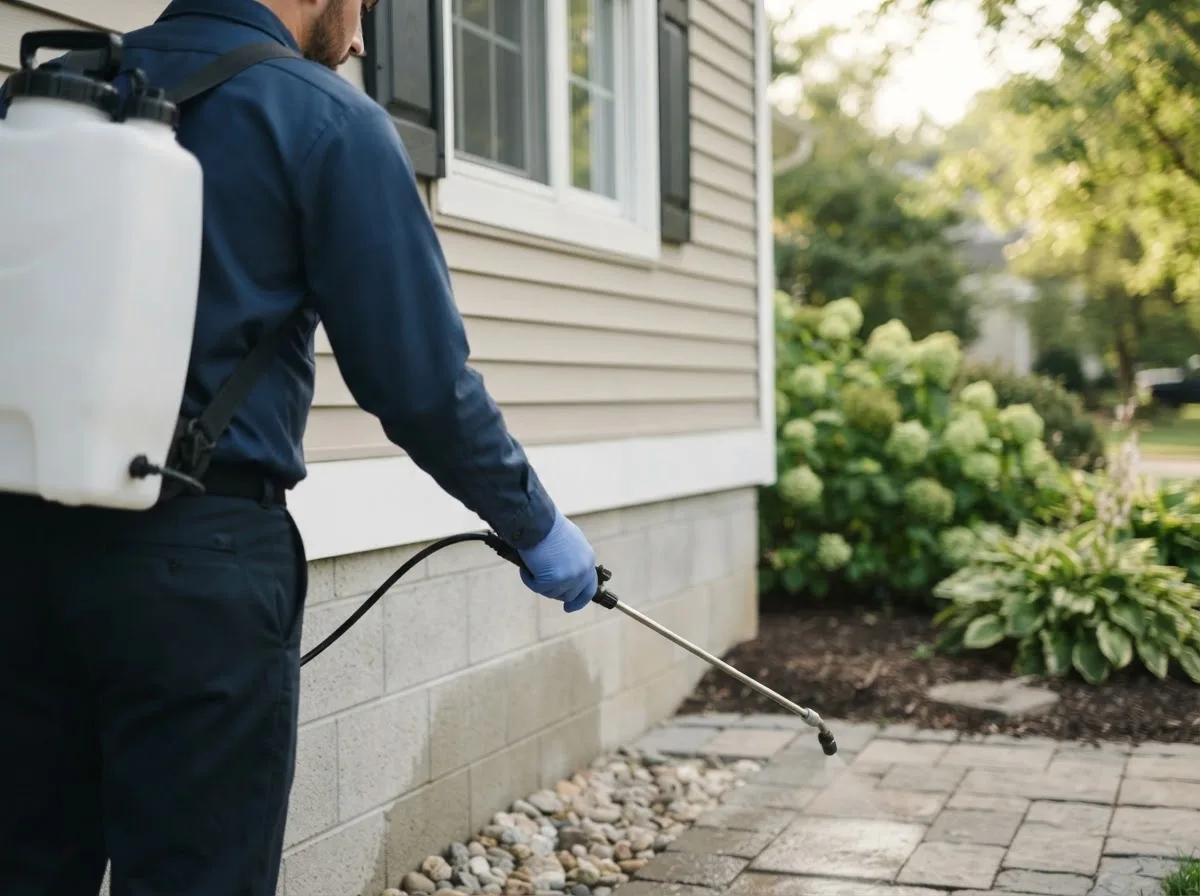 Pest control technician inspecting a home in Prudence Island, RI